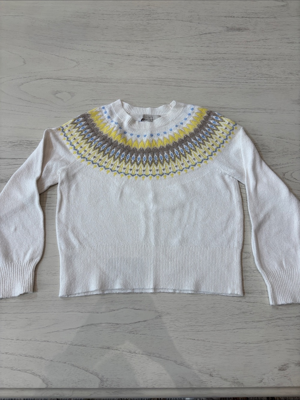 LOFT Fair Isle Sweater Womens M White Yellow Blue Cozy Knit Crewneck - Picture 2 of 8